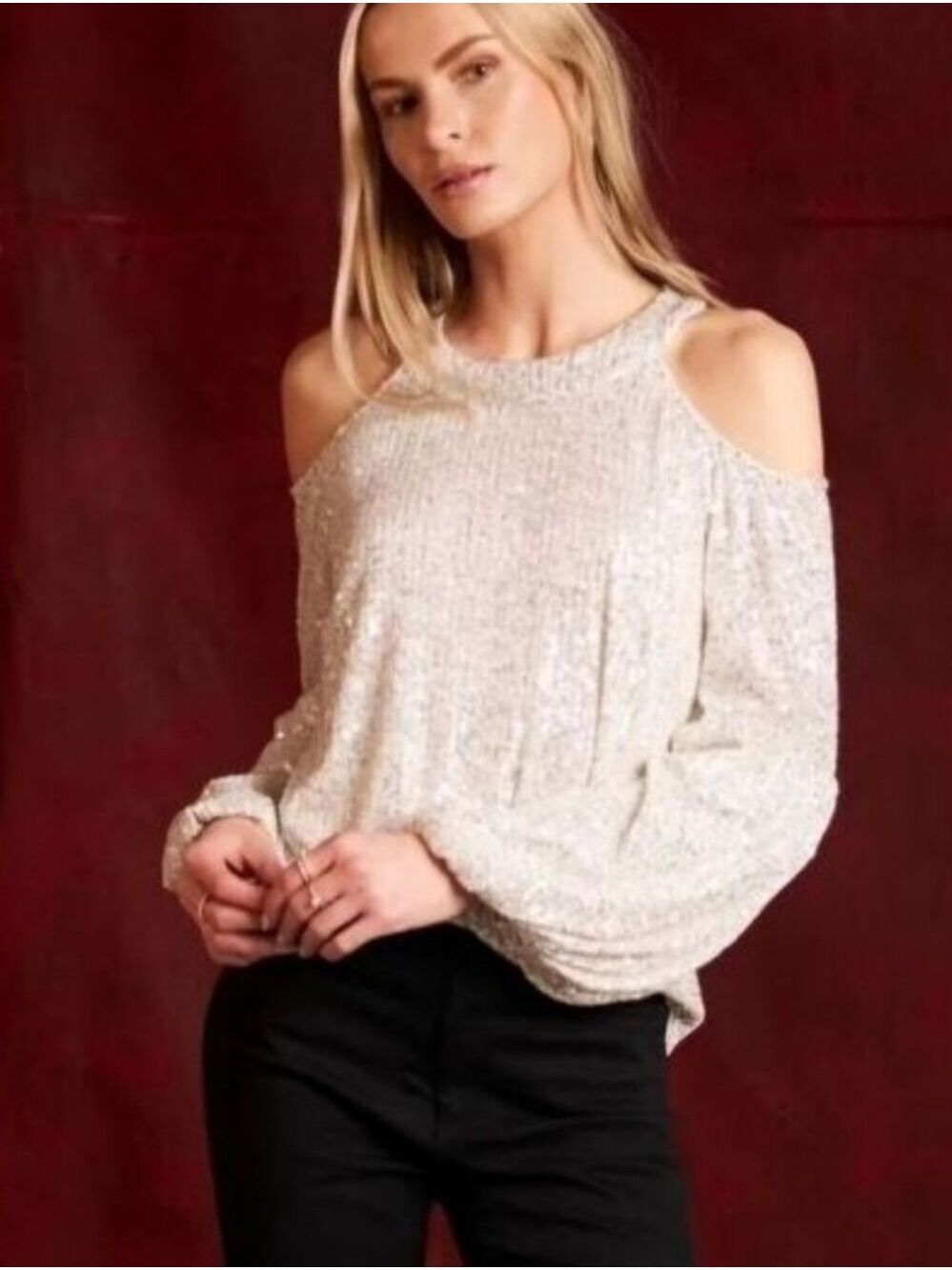 CECE CHAMPAGNE SEQUIN COLD SHOULDER BLOUSE - EUC - XS